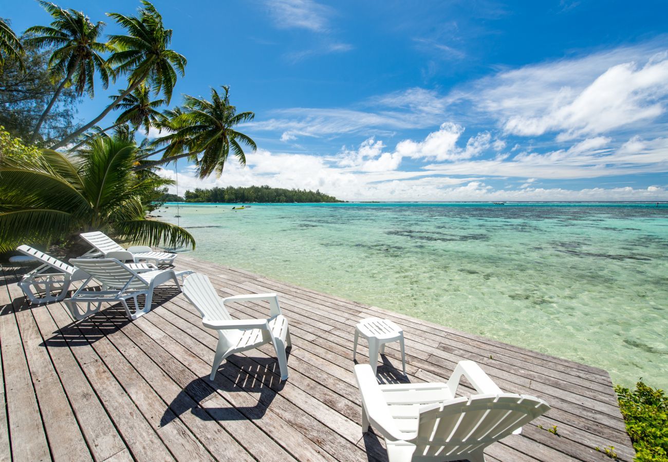 Lagoon-front deck with sun loungers overlooking Moorea's turquoise lagoon, with the Fare Pote'e in the background