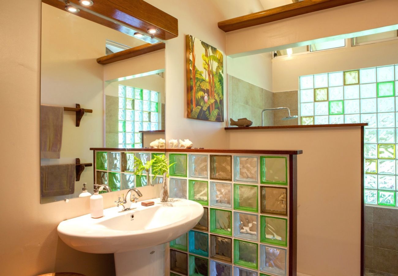 Modern bathroom with shower at The Villa Tehere Dream holiday accommodation, discover French Polynesia